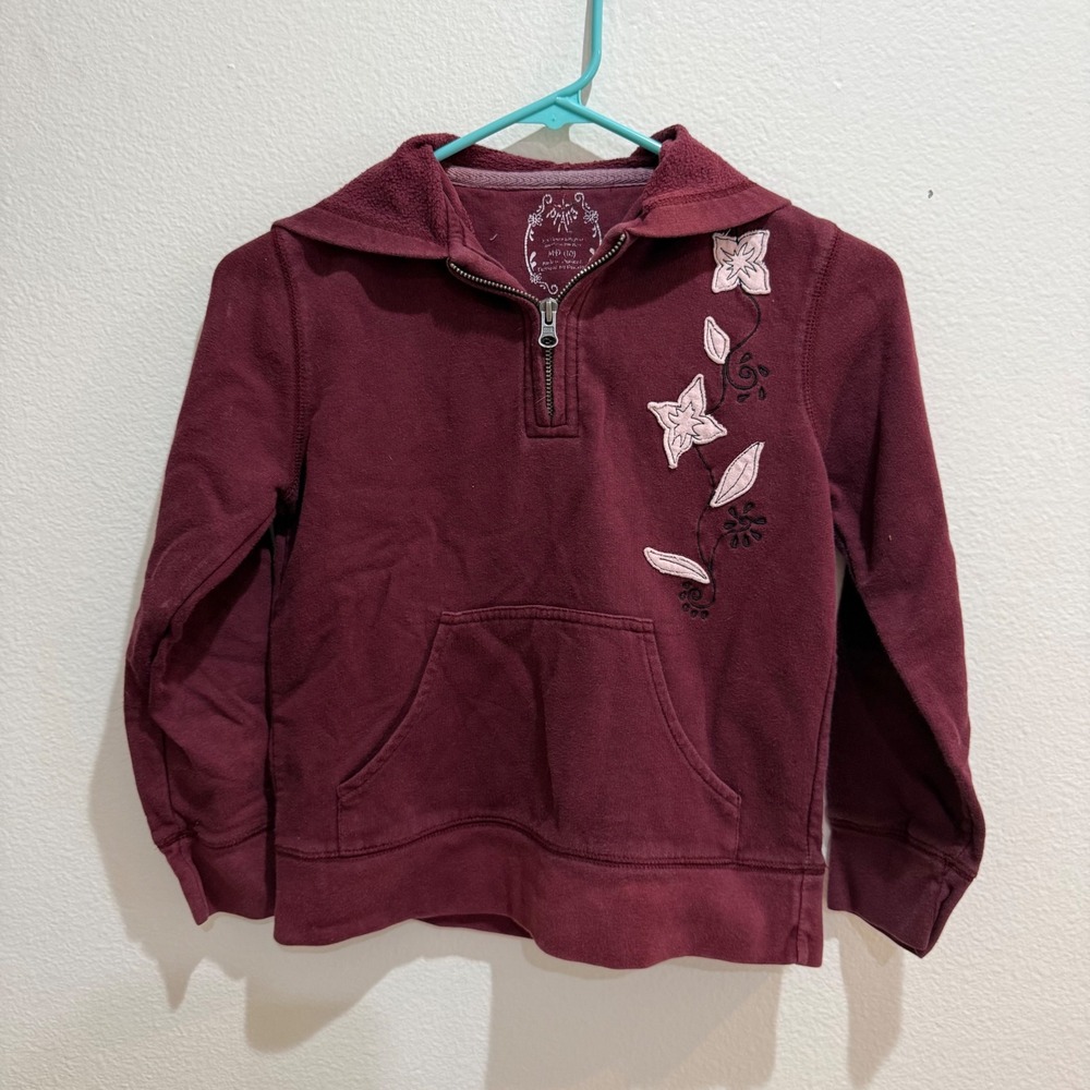 Prana Girls Burgundy Floral Embroidered Quarter Zip Hoodie Sweatshirt Size M 10